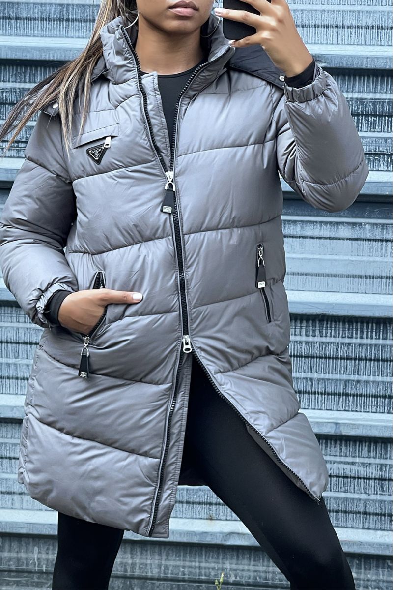 Long gray down jacket with bag and detachable hood - 2