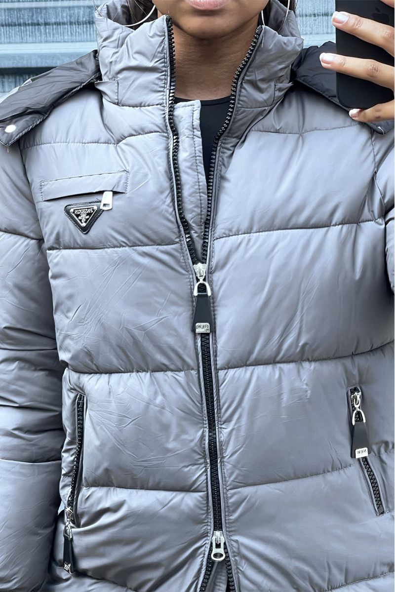 Long gray down jacket with bag and detachable hood - 4