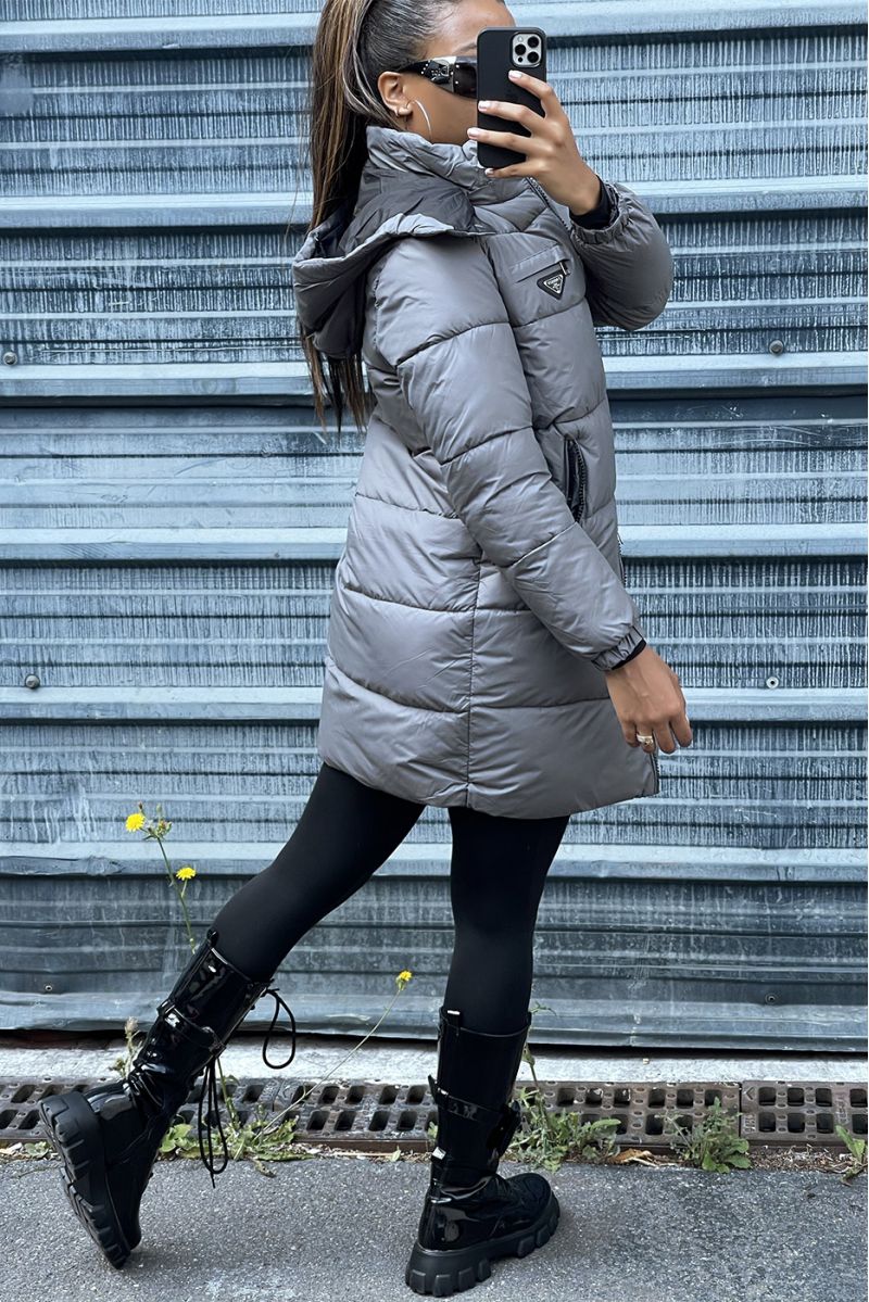 Long gray down jacket with bag and detachable hood - 5