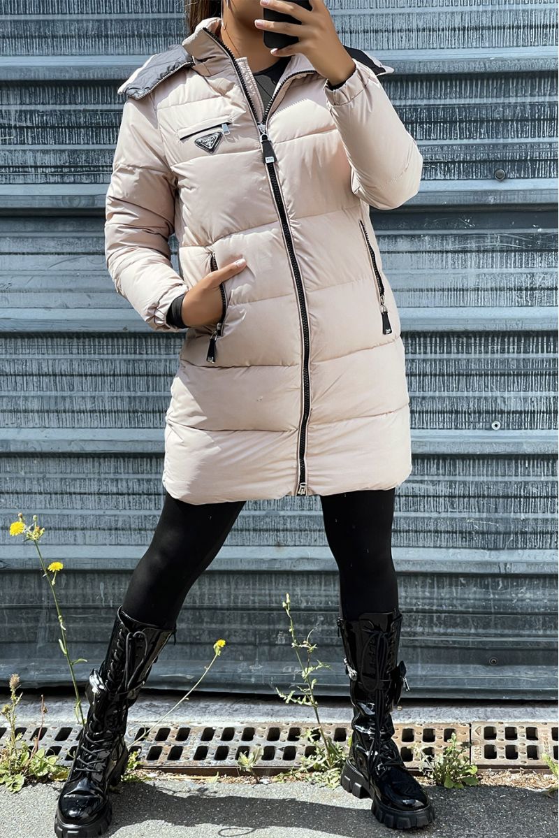 Long taupe down jacket with bag and detachable hood - 1