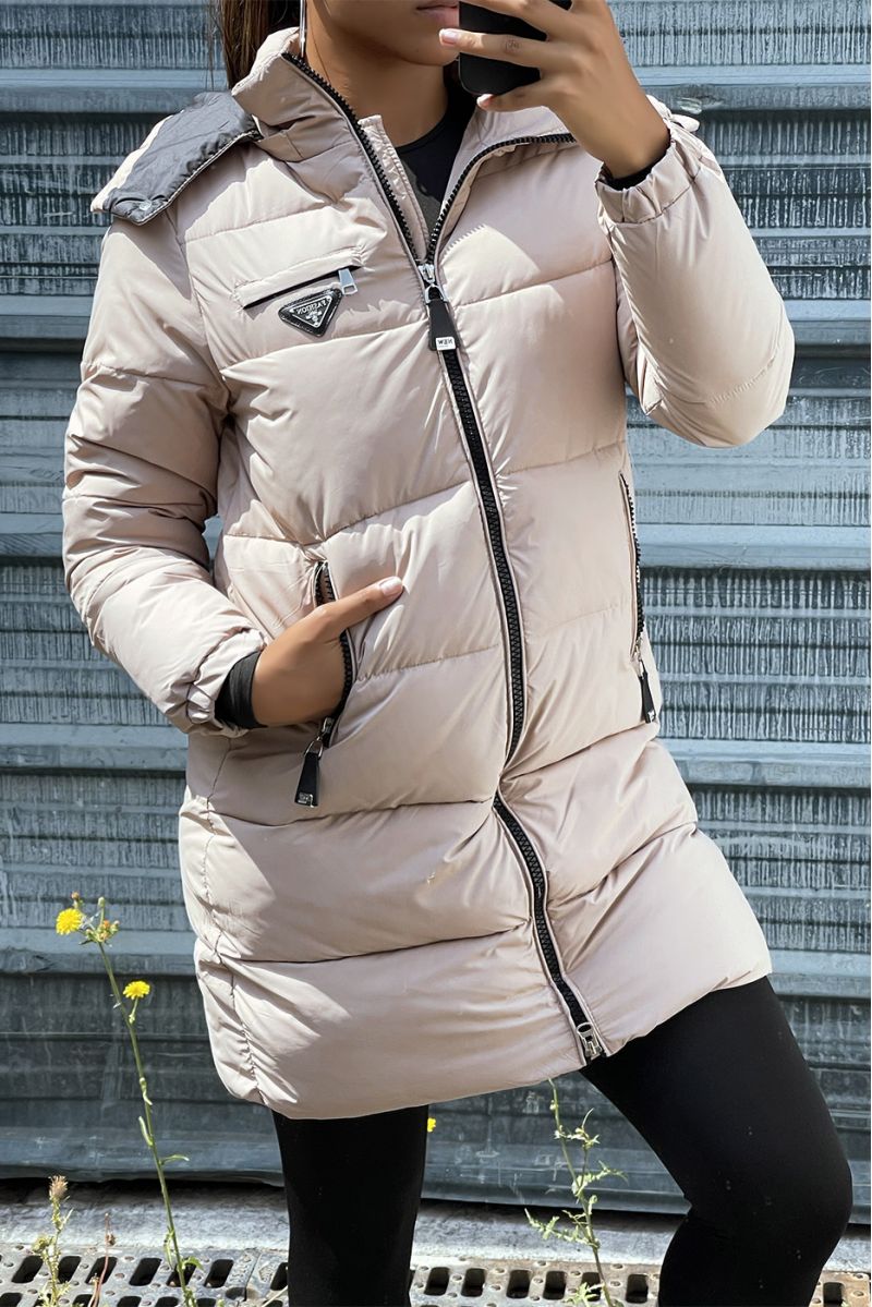 Long taupe down jacket with bag and detachable hood - 2