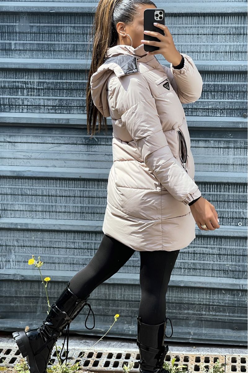 Long taupe down jacket with bag and detachable hood - 3