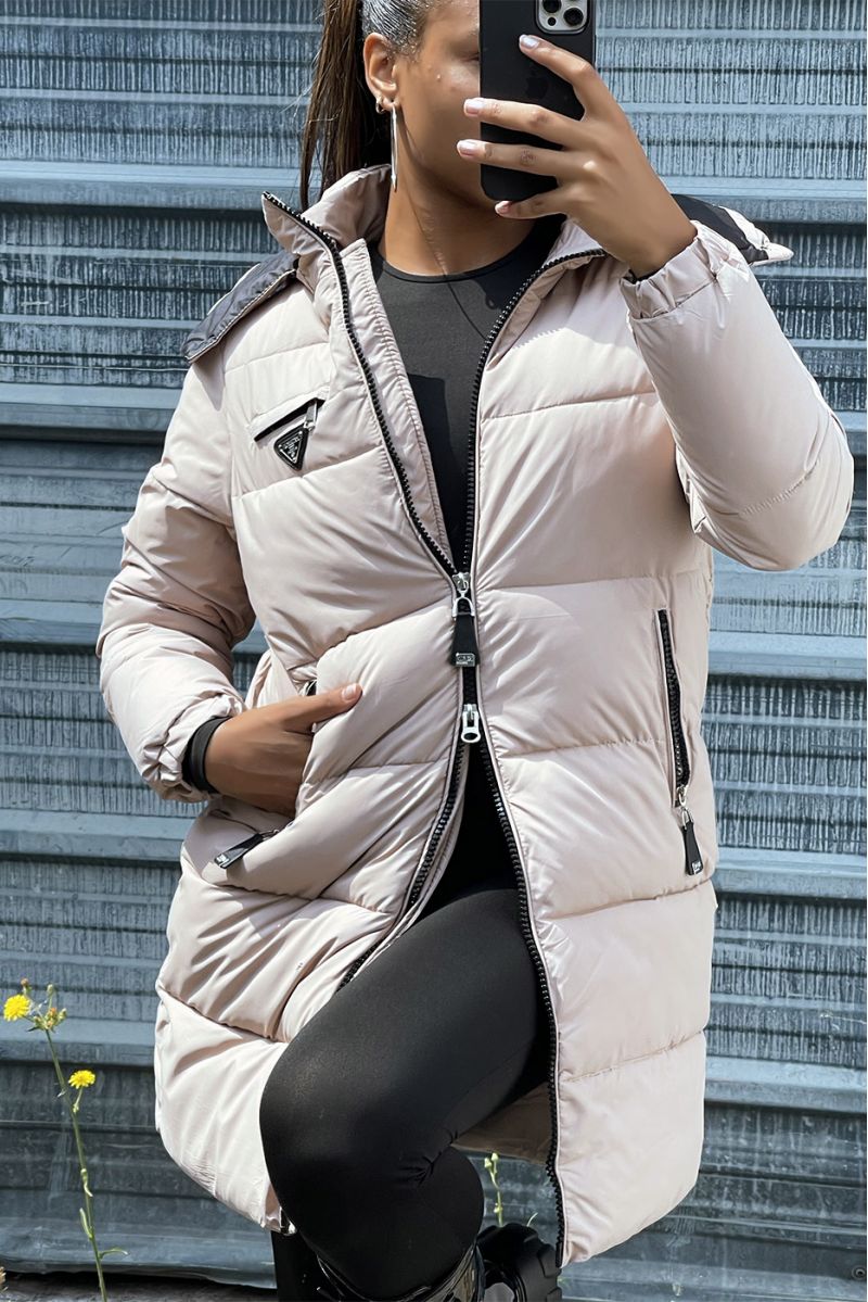 Long taupe down jacket with bag and detachable hood - 4