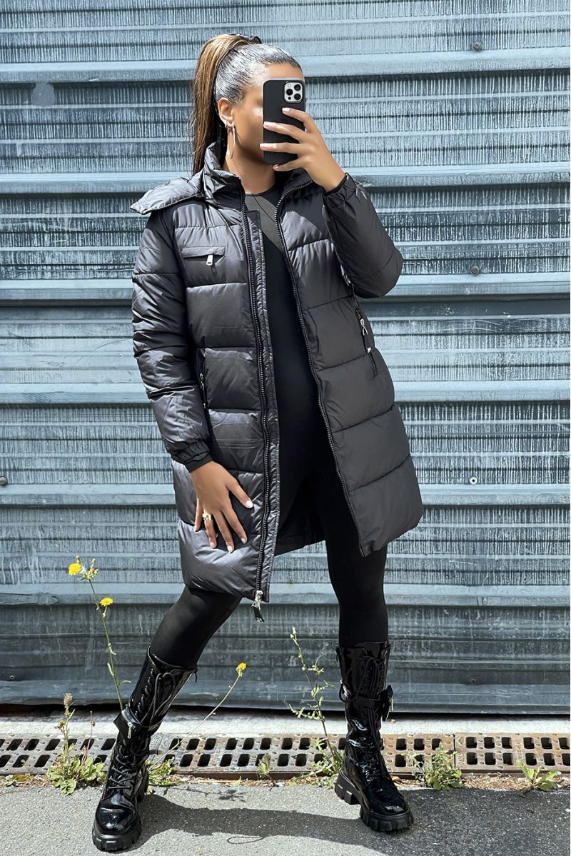 Long black down jacket with bag and detachable hood - 1