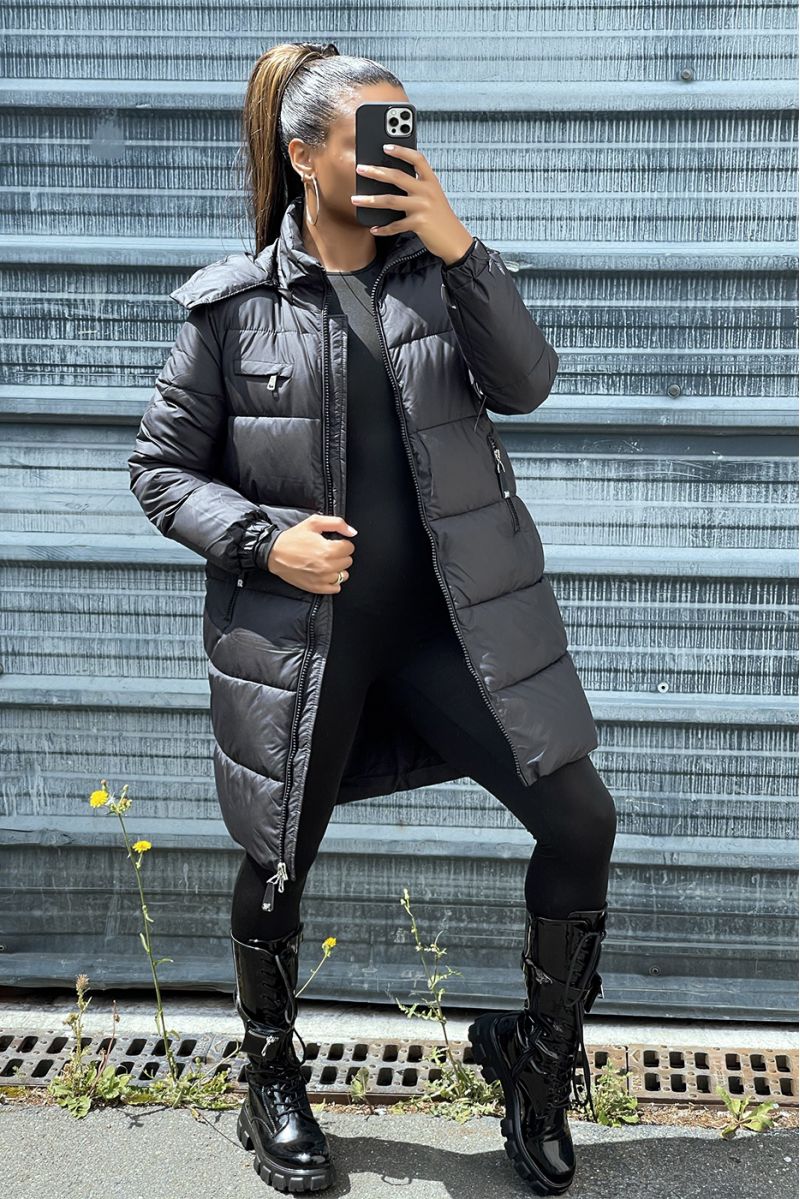 Long black down jacket with bag and detachable hood - 2