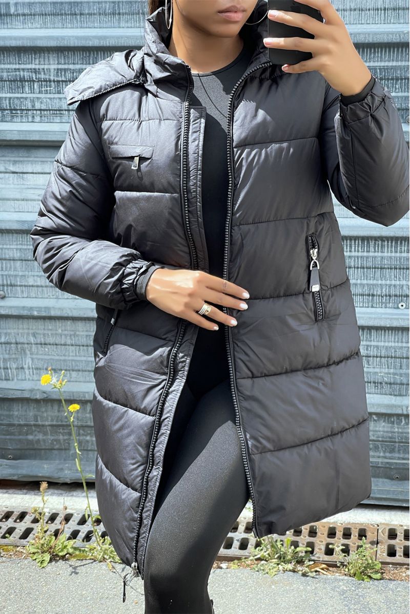 Long black down jacket with bag and detachable hood - 4
