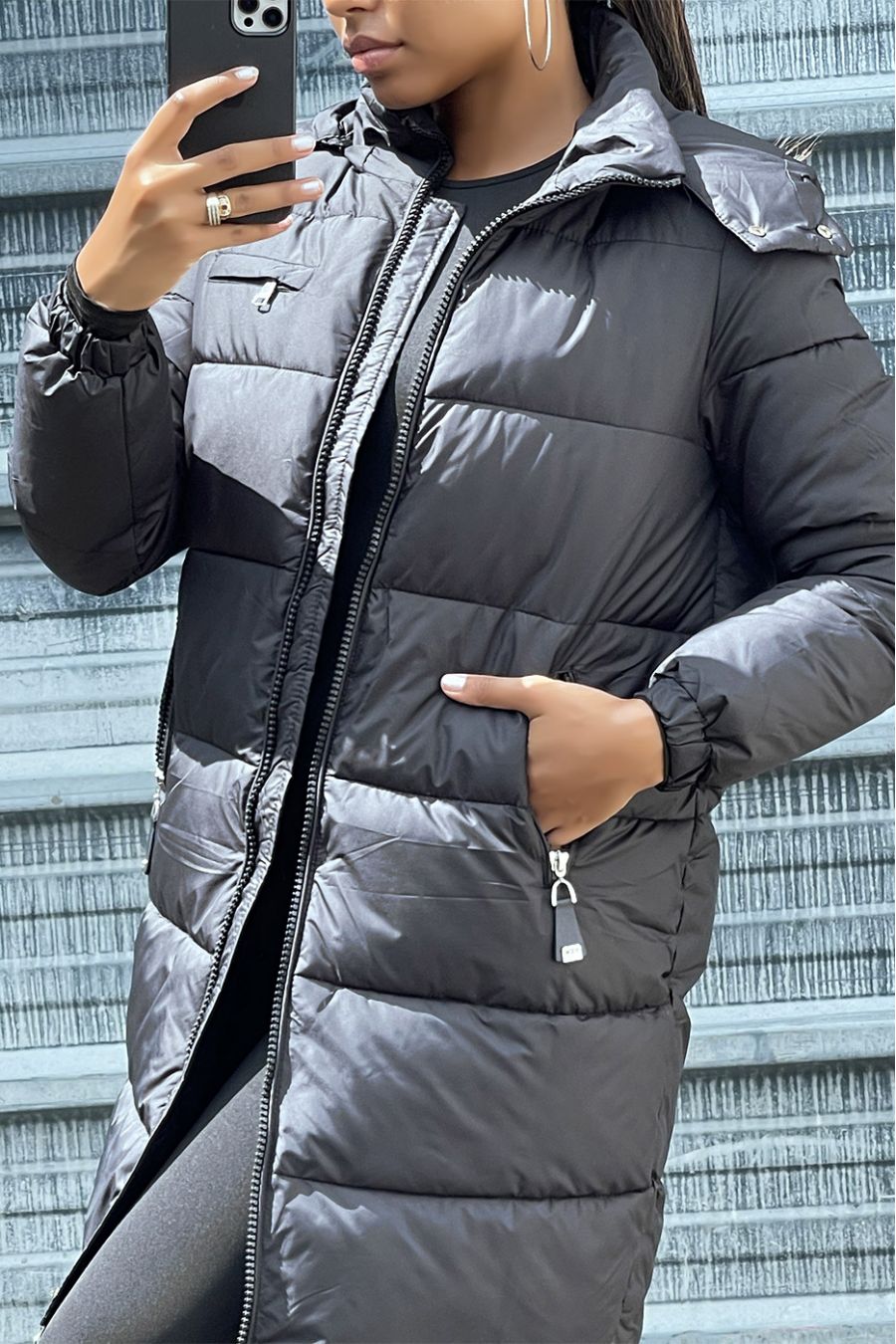 Long black down jacket with bag and detachable hood - 5