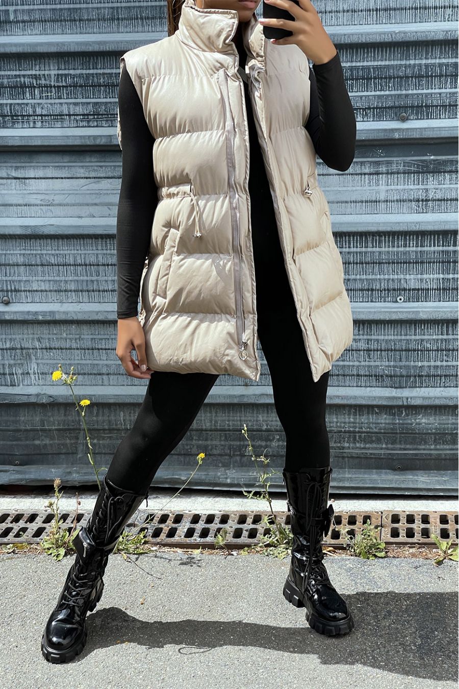 Beige sleeveless down jacket with high collar and adjustable waist - 1