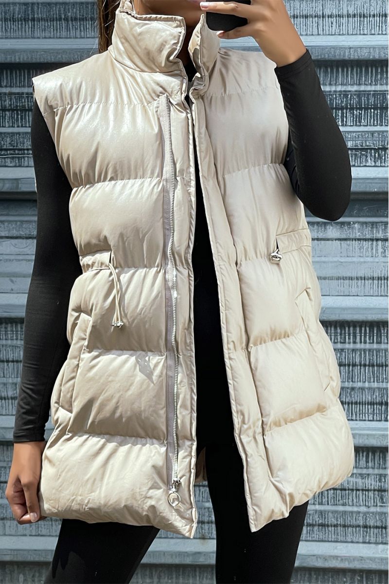 Doudoune sans manches beige à col montant et ajustable à la taille - 3