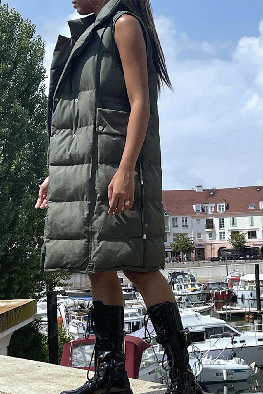 Lang kaki double-breasted donsjack, verstelbaar in de taille - 2