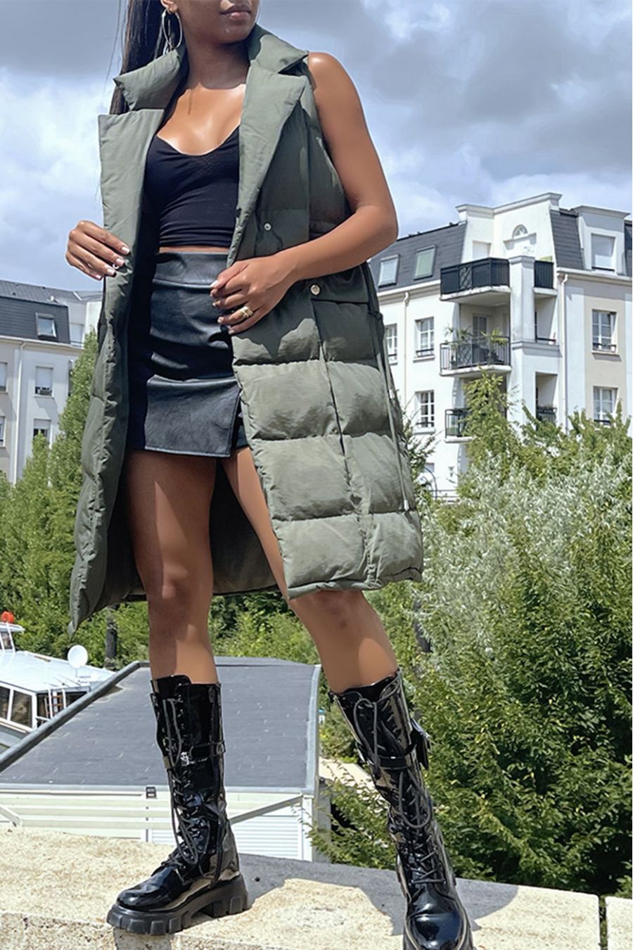 Longue doudoune kaki croisé ajustable à la taille - 3