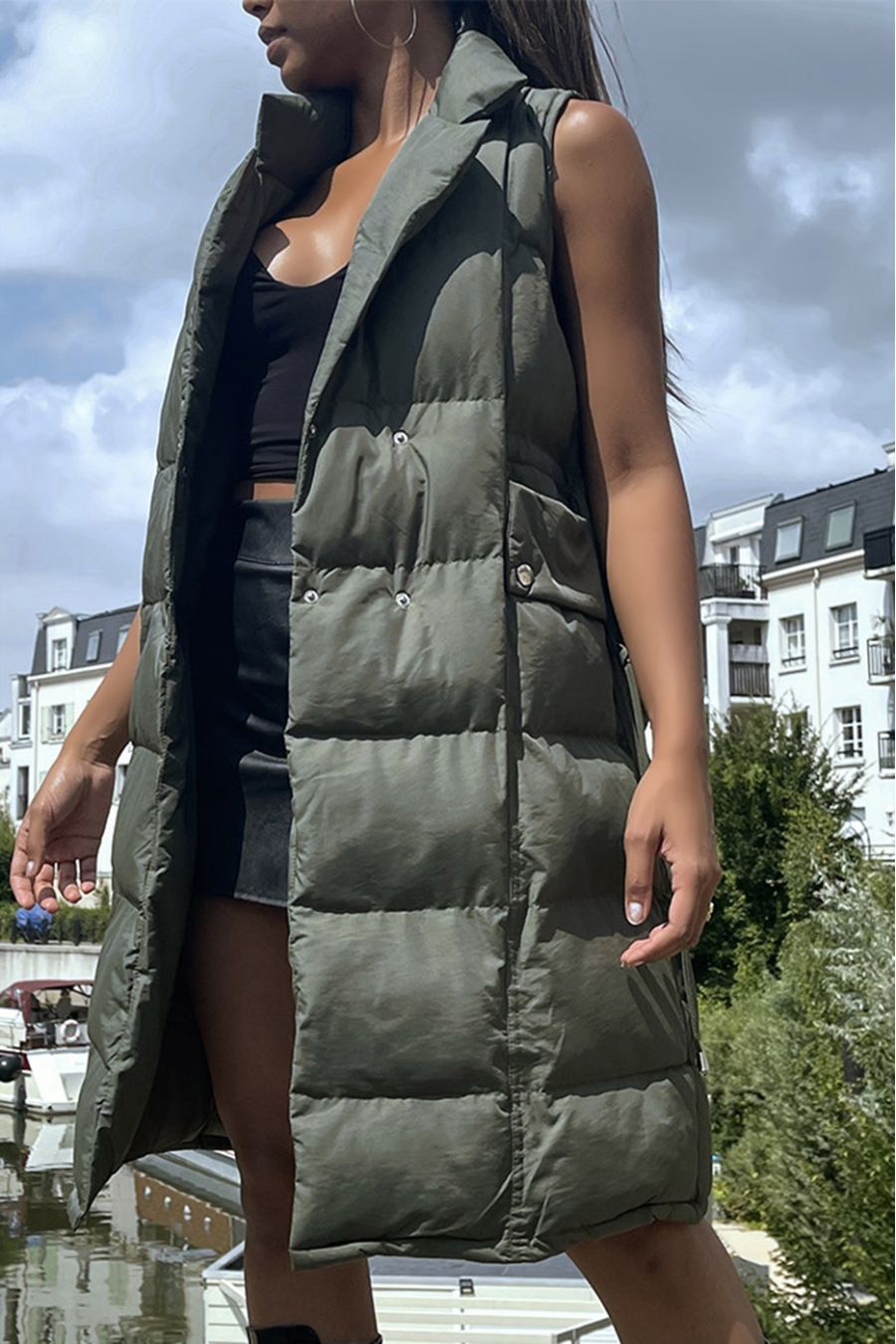 Lang kaki double-breasted donsjack, verstelbaar in de taille - 4