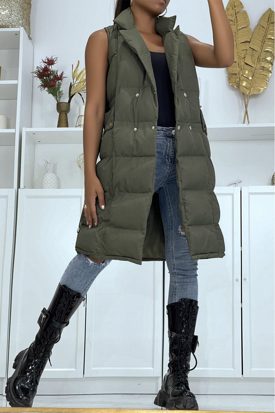 Long khaki double-breasted down jacket adjustable at the waist - 5