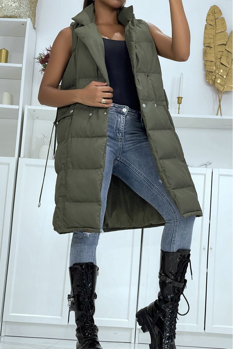 Long khaki double-breasted down jacket adjustable at the waist - 6