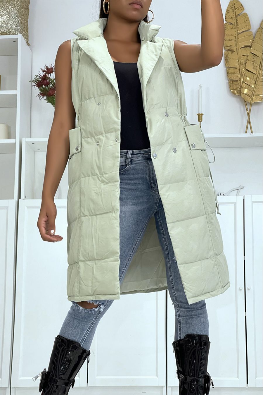 Long water green padded jacket adjustable at the waist - 4