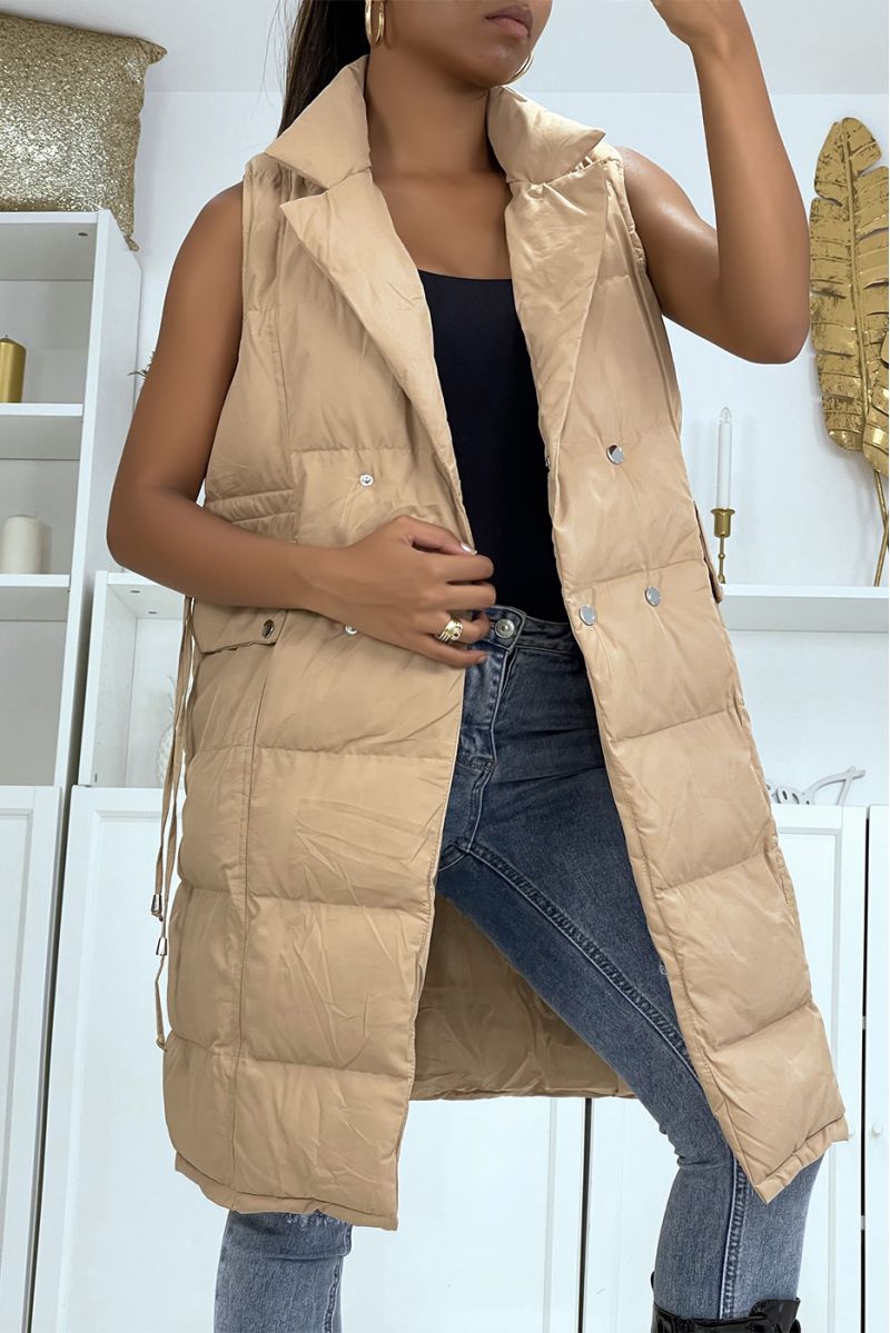 Long double-breasted taupe jacket adjustable at the waist - 2
