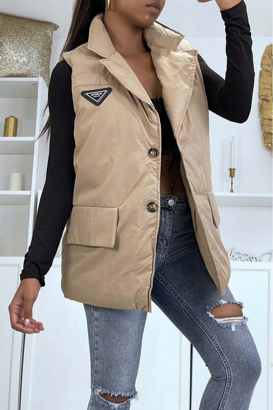 camel sleeveless blazer