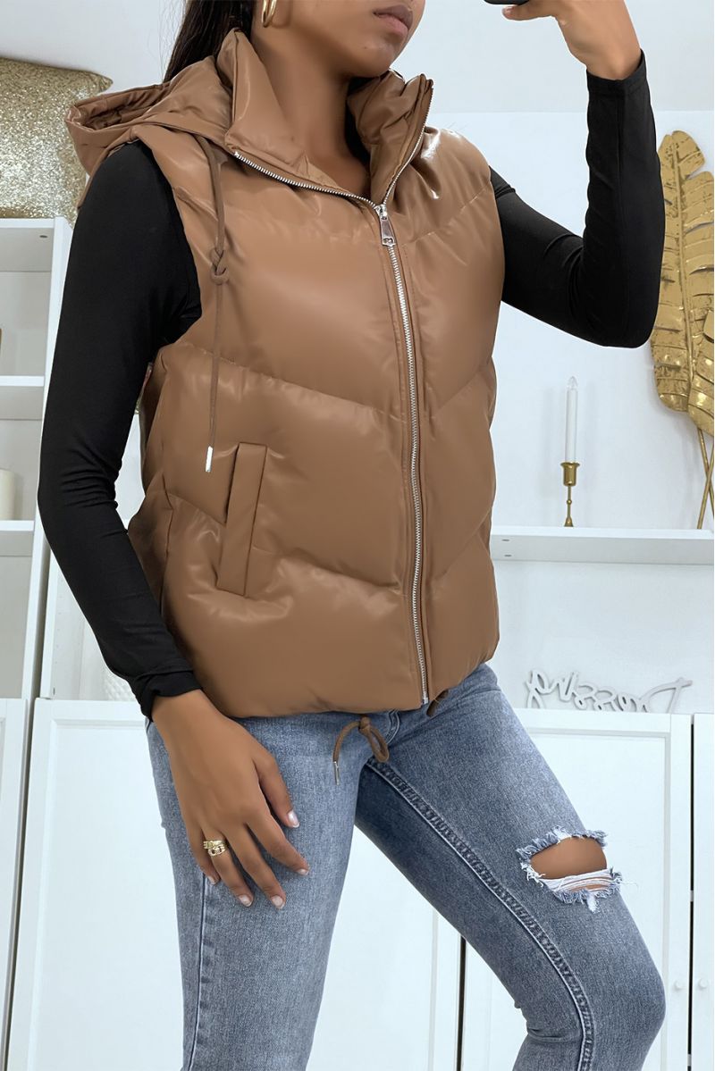 Camel faux sleeveless padded jacket with hood - 1