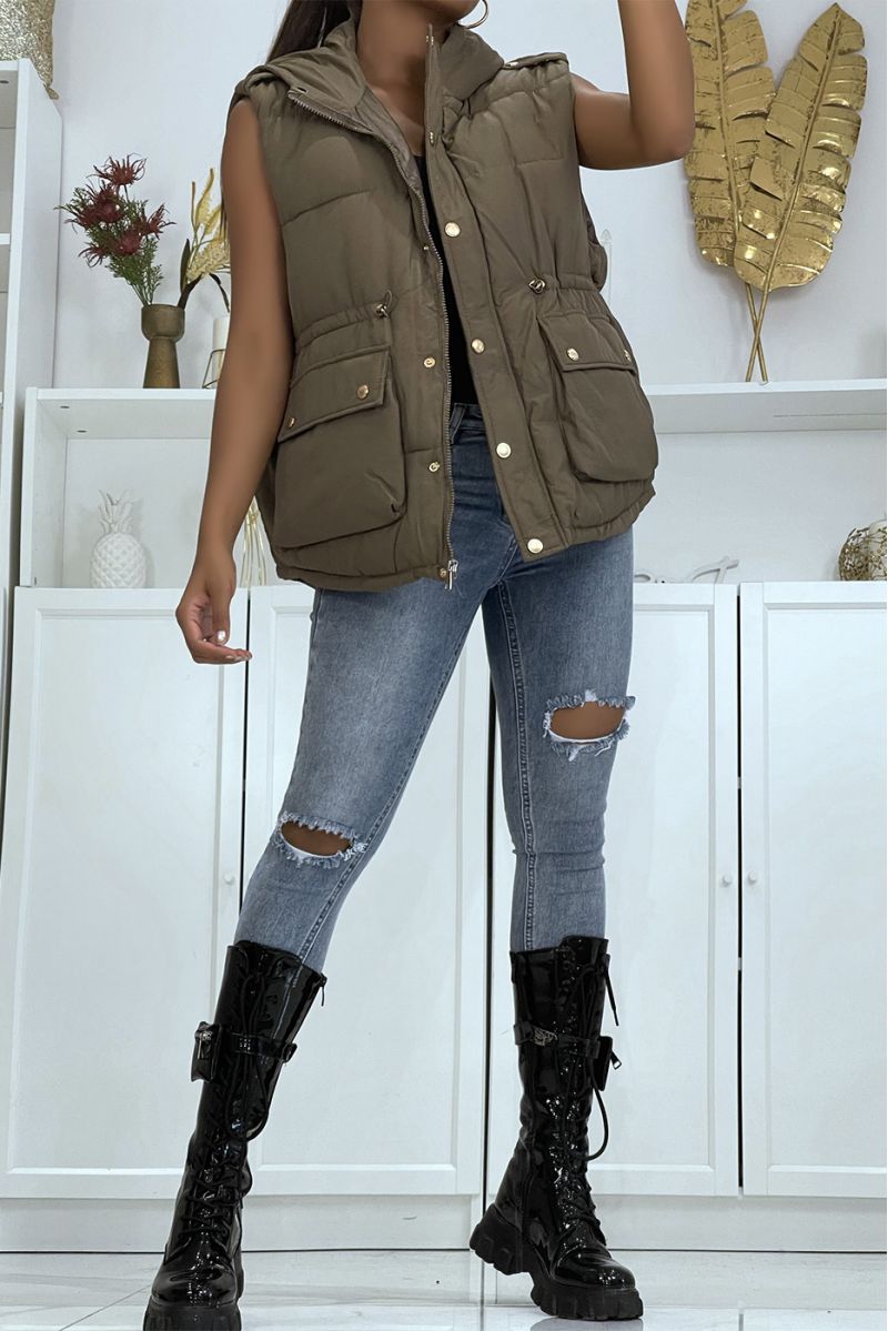 Taupe sleeveless down jacket with hood and adjustable waist - 1