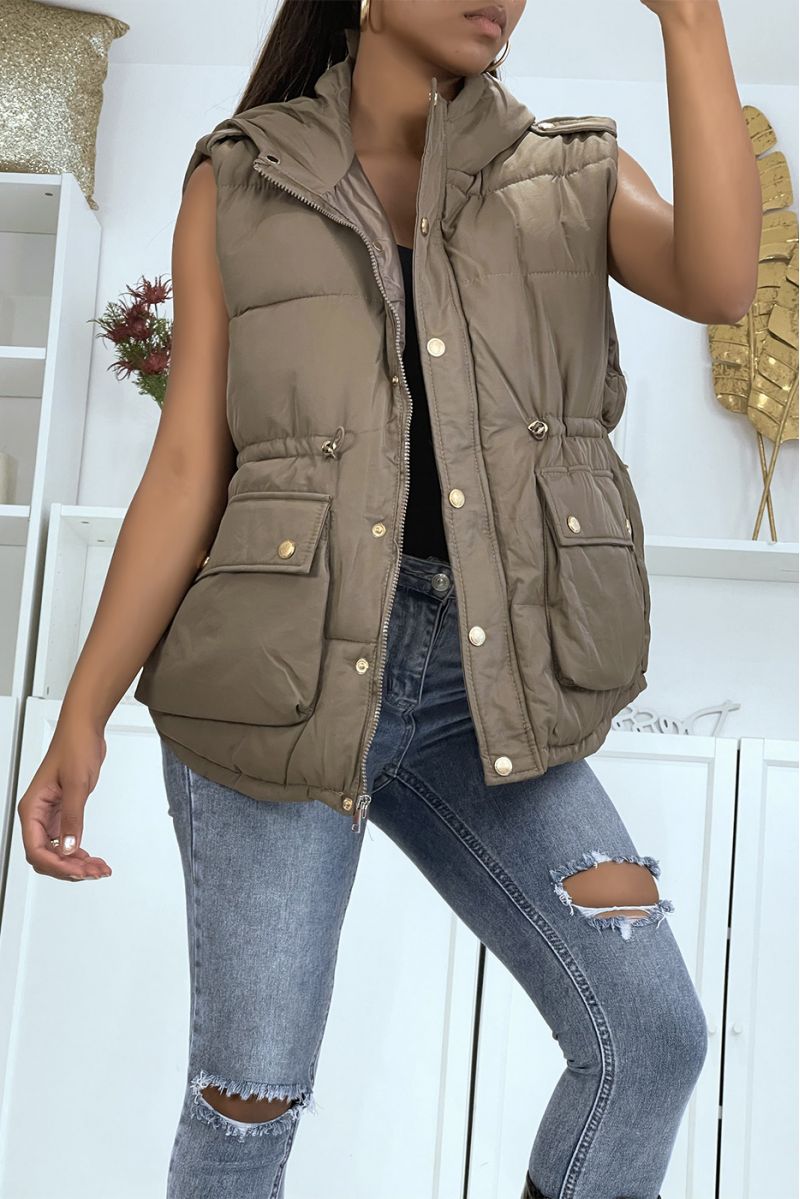 Taupe sleeveless down jacket with hood and adjustable waist - 2