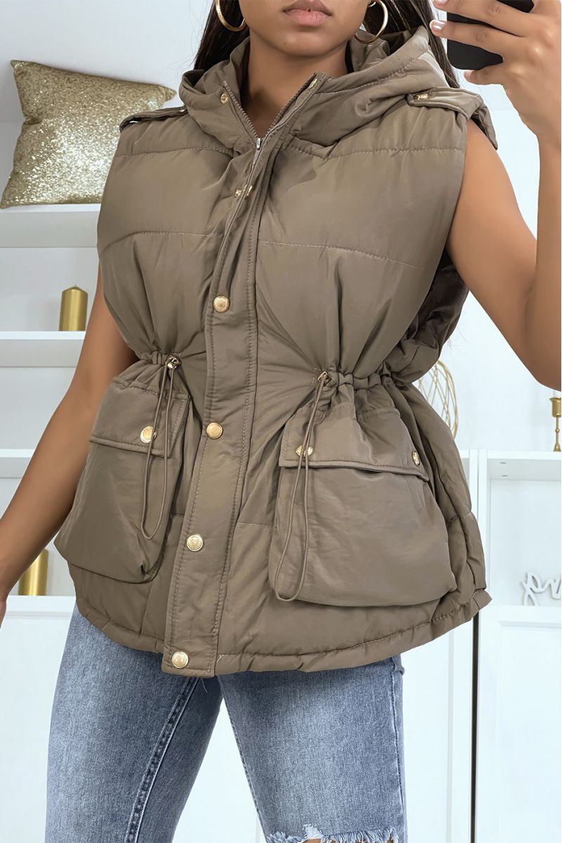 Taupe sleeveless down jacket with hood and adjustable waist - 5
