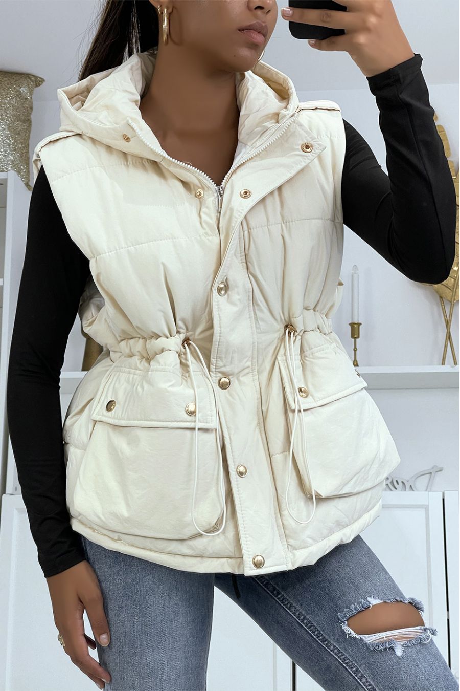 Doudoune sans manche beige avec capuche et taille ajustable - 7