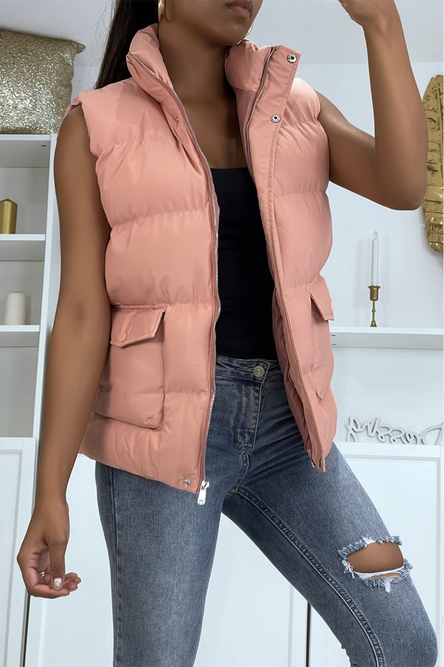 Well rounded pink sleeveless down jacket