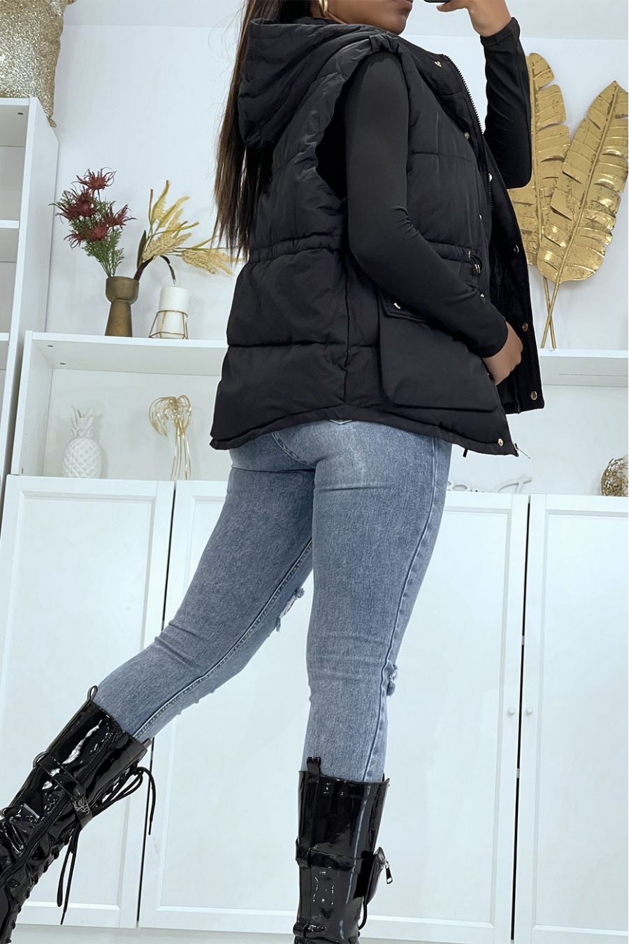 Doudoune sans manche noire avec capuche et taille ajustable - 3