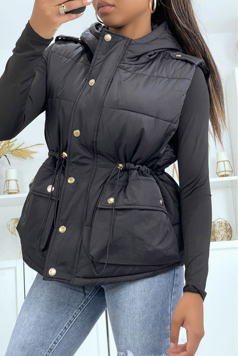 Black sleeveless down jacket with hood and adjustable waist - 4