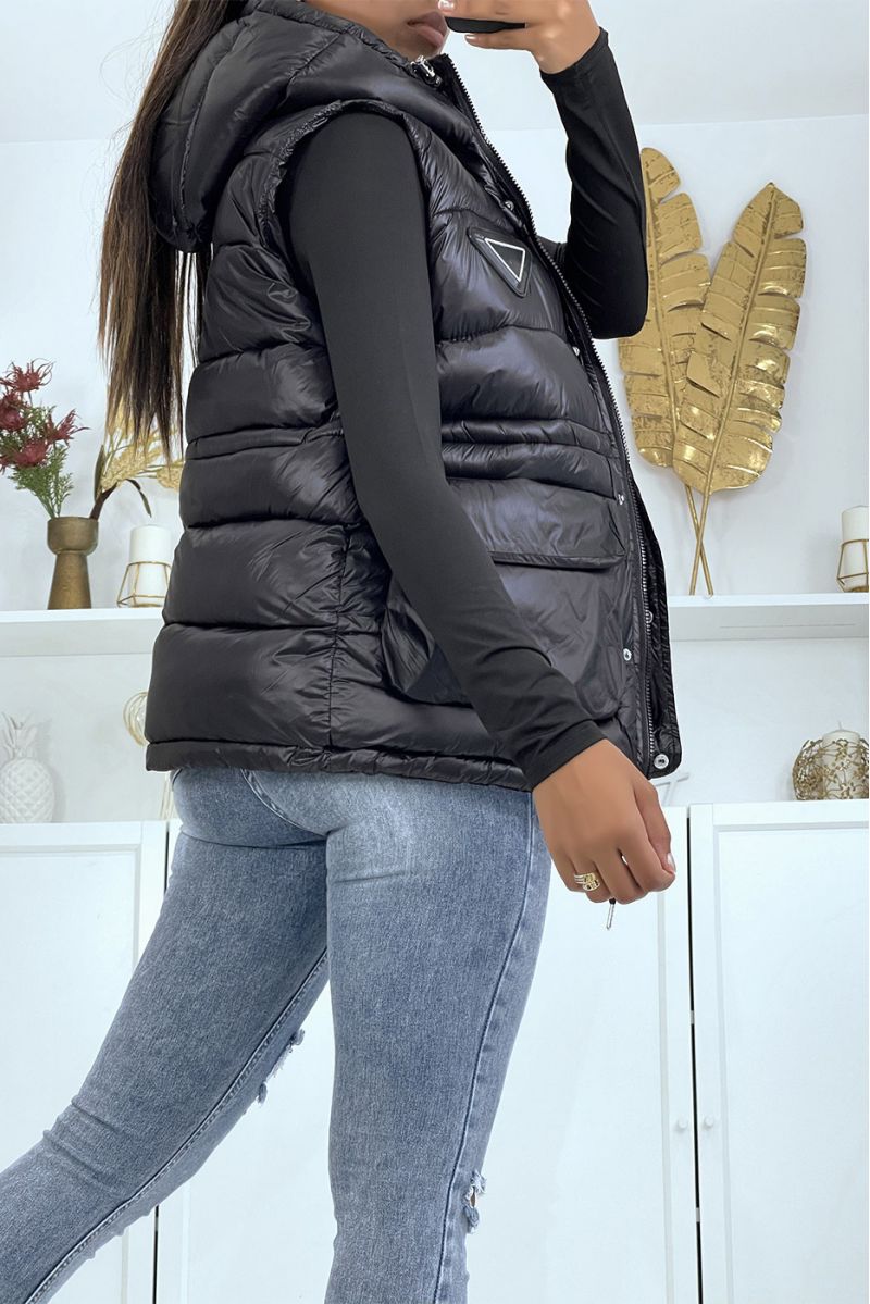 Shiny black sleeveless down jacket with hood - 3
