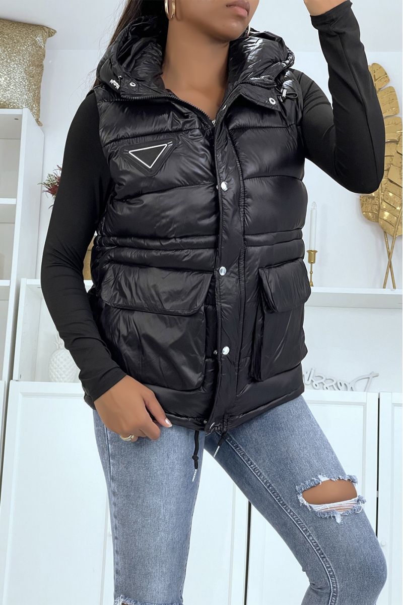 Shiny black sleeveless down jacket with hood - 4