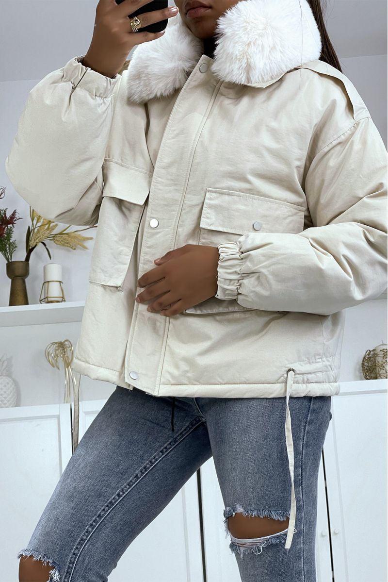 Manteau beige avec col amovible et taille ajustable  - 3