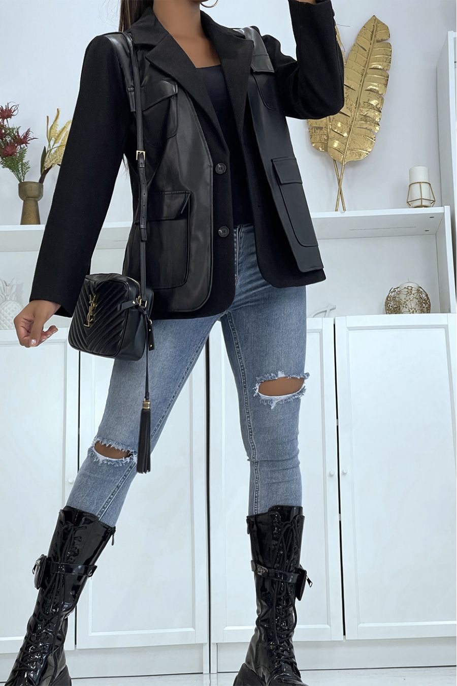 Veste blazer noir bi matière avec simili - 1