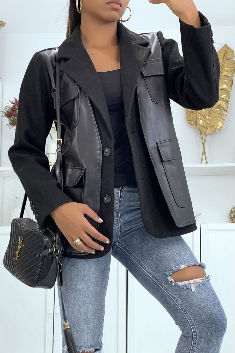 Veste blazer noir bi matière avec simili - 2