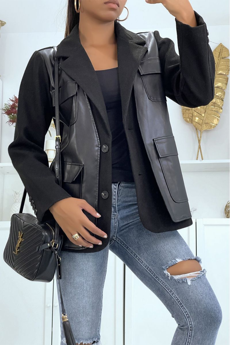 Black bi-material blazer jacket with imitation - 2