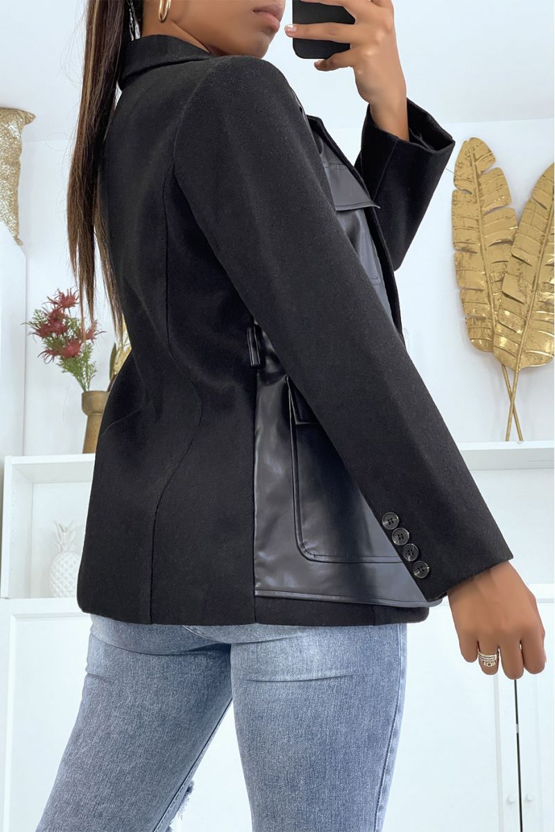 Black bi-material blazer jacket with imitation - 3