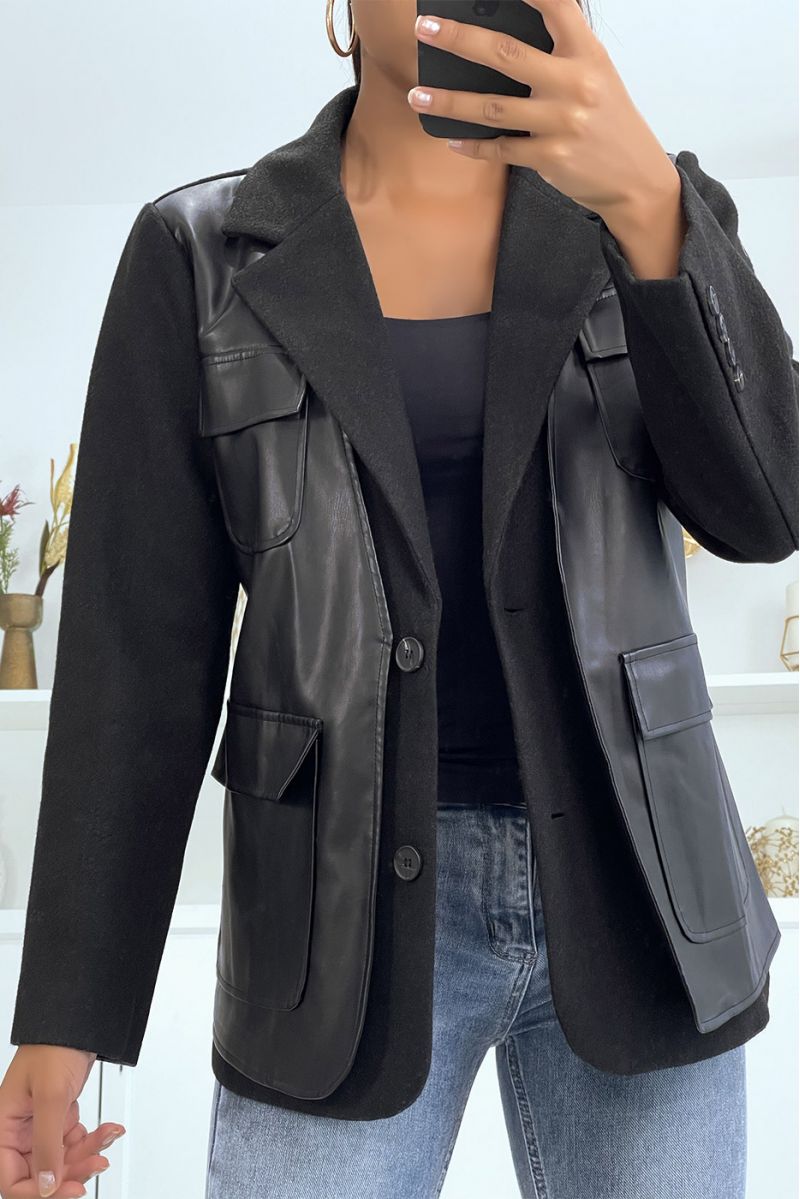 Black bi-material blazer jacket with imitation - 4