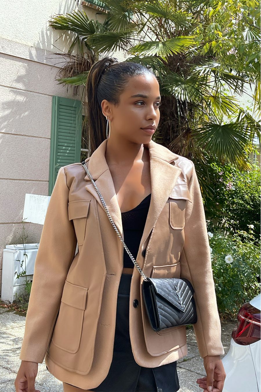 Veste blazer camel bi matière avec simili - 1