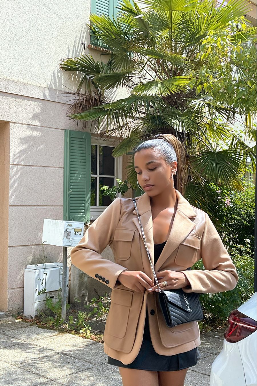 Bi-material camel blazer jacket with imitation - 2