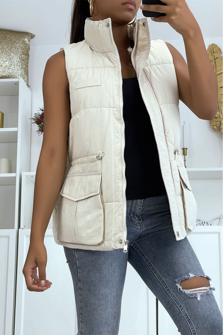 Beige mouwloos donsjack met verstelbare taille - 1