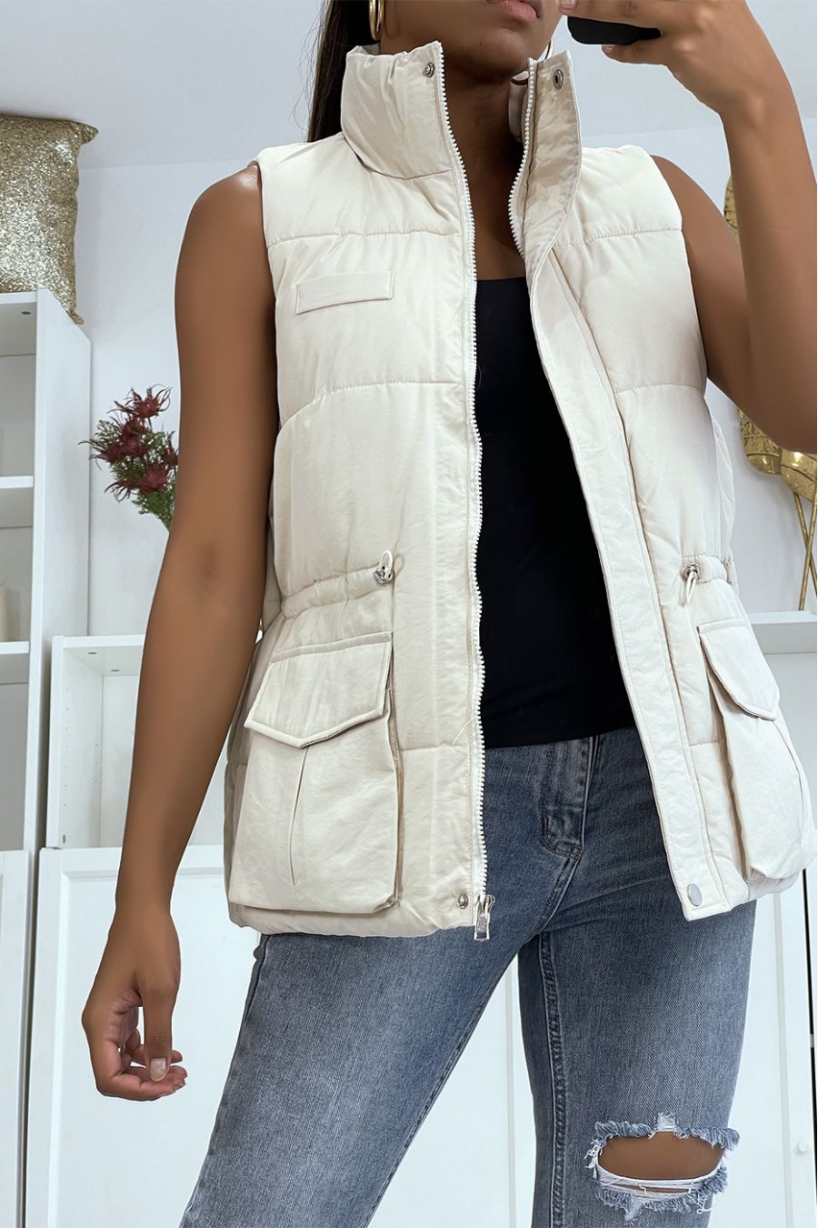 Beige sleeveless down jacket with adjustable waist - 2