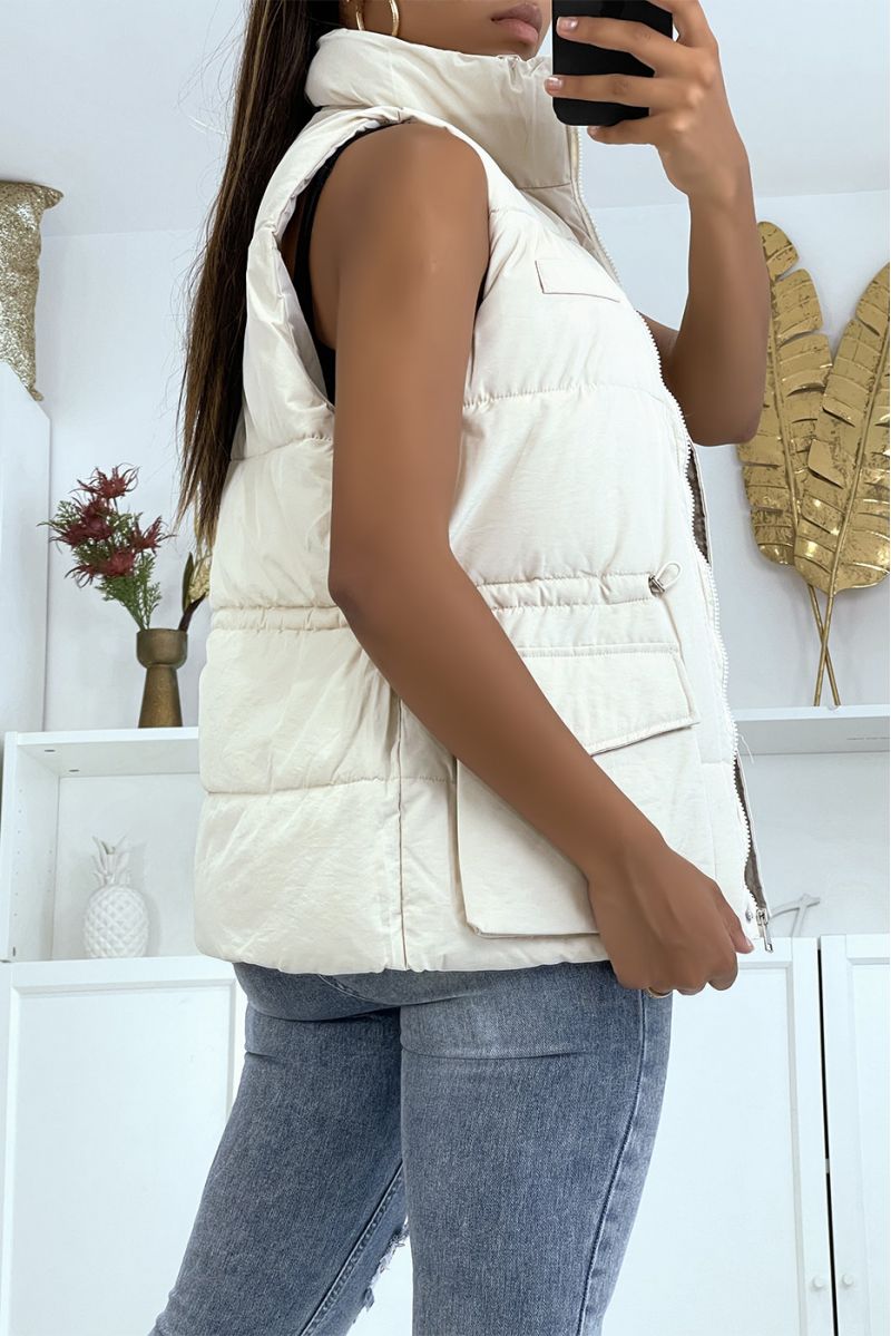 Beige sleeveless down jacket with adjustable waist - 3