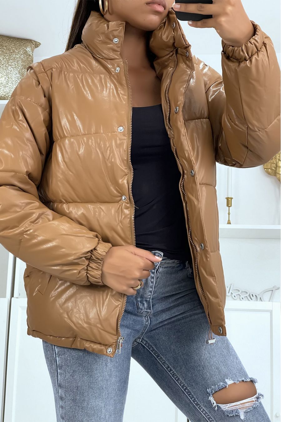 Camel puffer jacket with detachable faux sleeve - 1