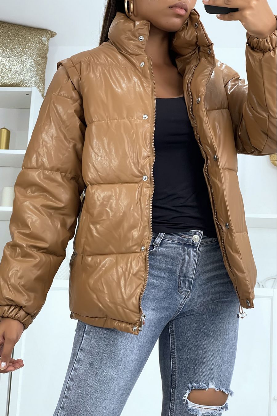 Camel puffer jacket with detachable faux sleeve - 2