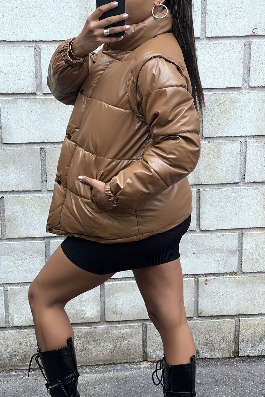 Camel puffer jacket with detachable faux sleeve - 7