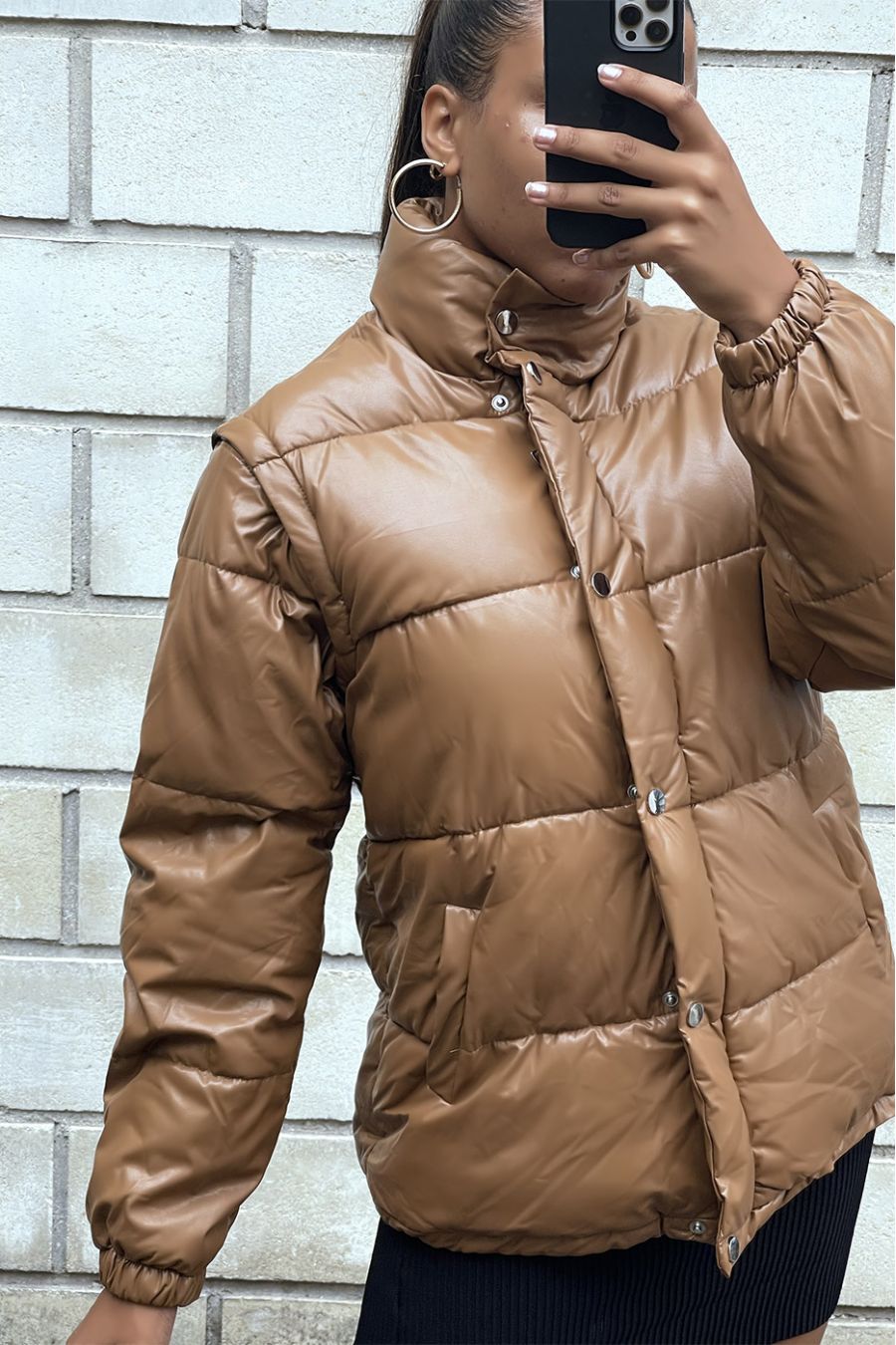 Camel puffer jacket with detachable faux sleeve - 8