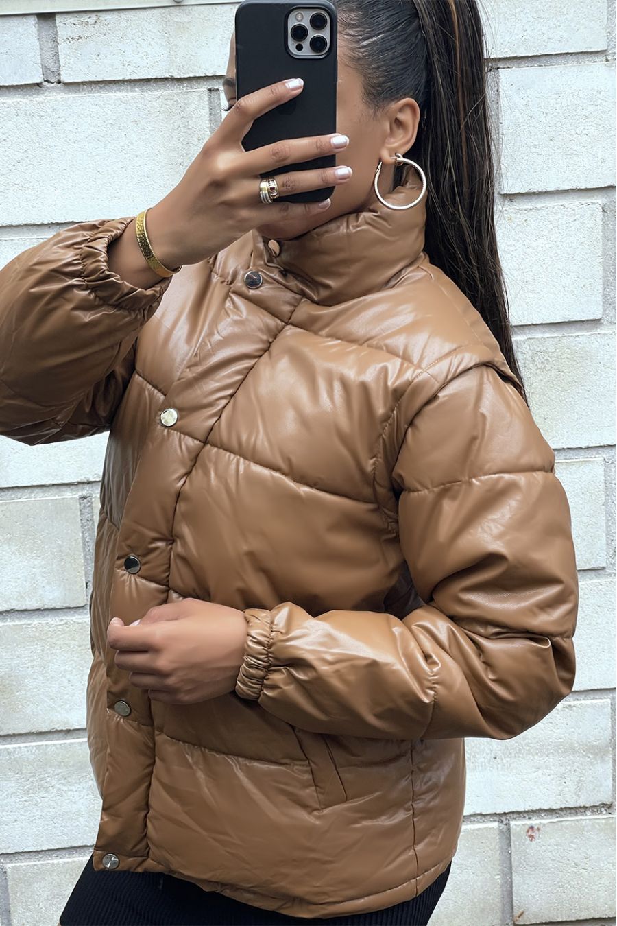 Camel pufferjack met afneembare faux mouw - 9