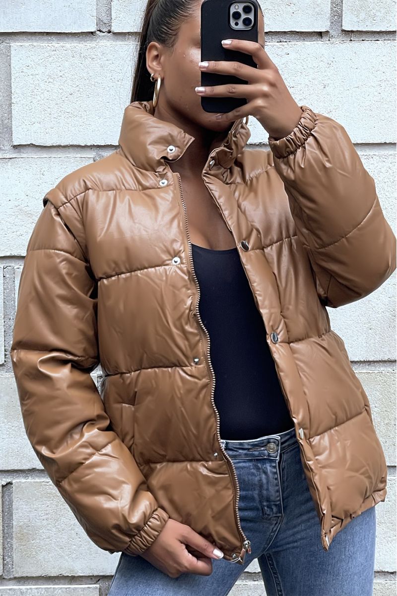 Camel puffer jacket with detachable faux sleeve - 10