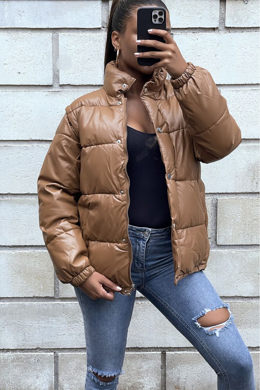 Camel puffer jacket with detachable faux sleeve - 11