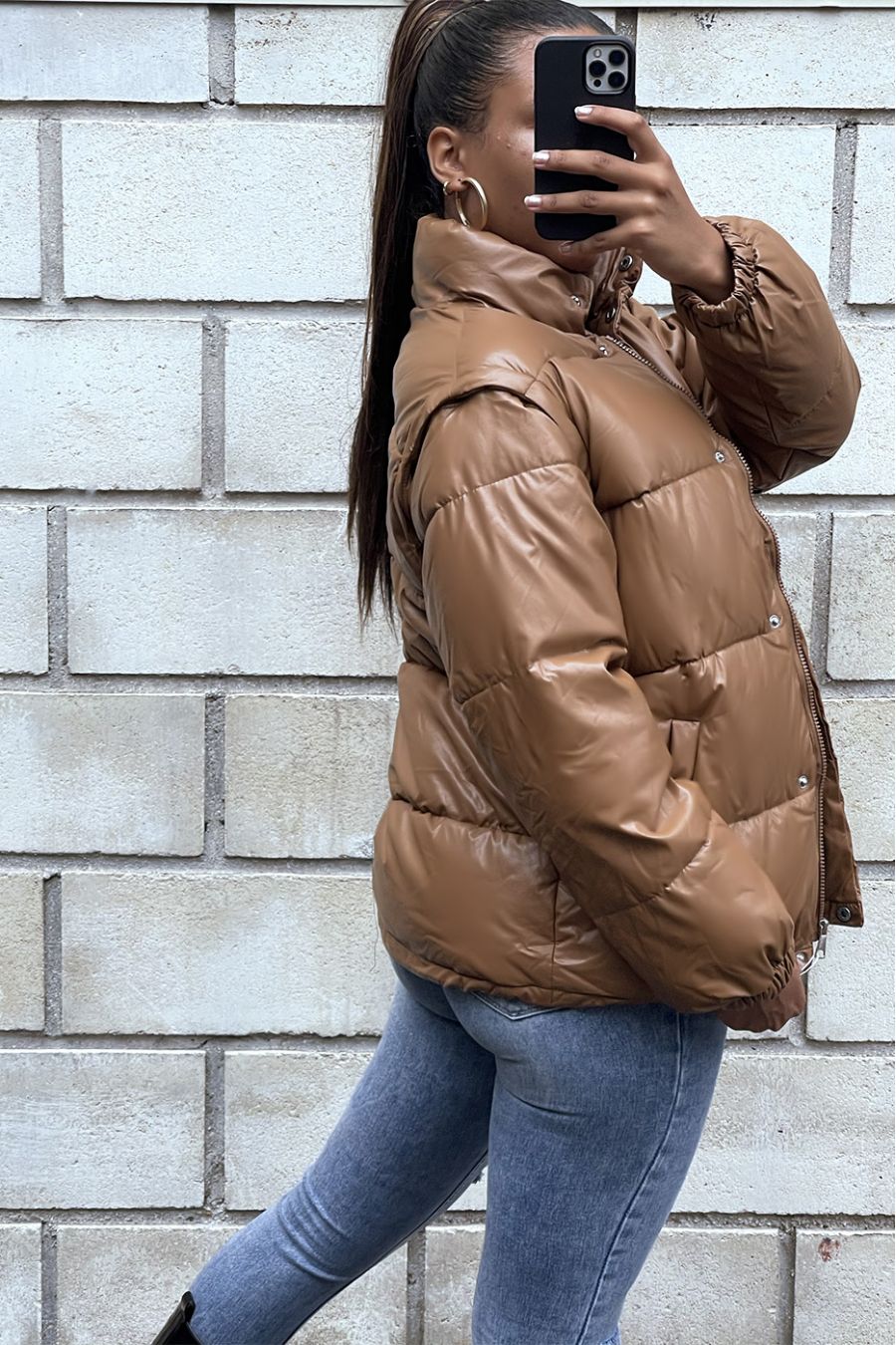 Camel puffer jacket with detachable faux sleeve - 12